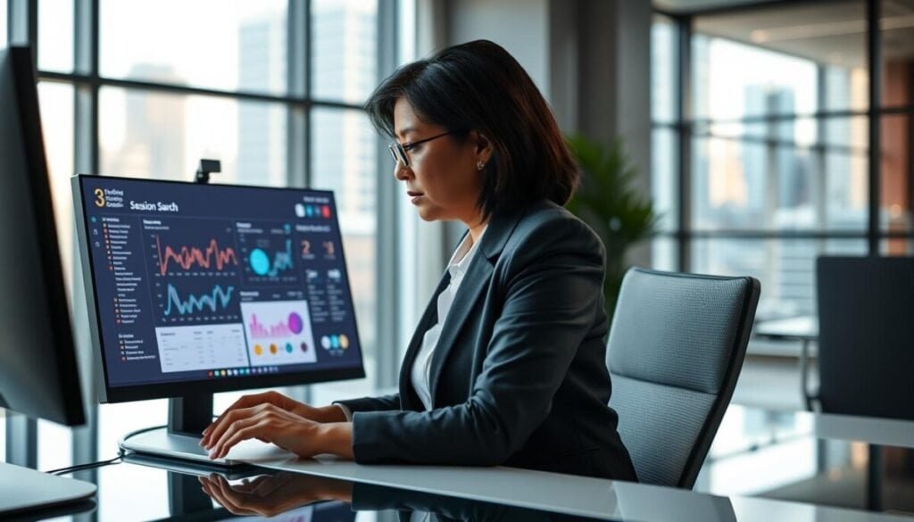A professional agent sitting at a sleek, modern desk, focused on an interactive digital interface displaying a sophisticated "session search" tool. The foreground features the agent, a middle-aged South Asian woman dressed in smart business attire, intently analyzing data on her high-resolution monitor. In the middle, the digital interface glows under bright, soft lighting, showcasing complex graphs and search results in vibrant colors. The background is a contemporary office setting with large windows allowing natural light to enter, showcasing a cityscape. The mood is productive and energetic, conveying a sense of efficiency and technological advancement, with a blurred depth of field to emphasize the agent's concentration on her task. A professional agent sitting at a sleek, modern desk, focused on an interactive digital interface displaying a sophisticated "session search" tool. The foreground features the agent, a middle-aged South Asian woman dressed in smart business attire, intently analyzing data on her high-resolution monitor. In the middle, the digital interface glows under bright, soft lighting, showcasing complex graphs and search results in vibrant colors. The background is a contemporary office setting with large windows allowing natural light to enter, showcasing a cityscape. The mood is productive and energetic, conveying a sense of efficiency and technological advancement, with a blurred depth of field to emphasize the agent's concentration on her task.