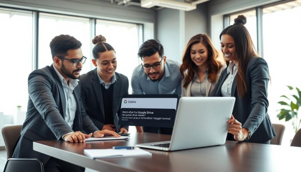 A professional and modern office setting for a Google Drive troubleshooting scenario. In the foreground, a diverse team of three individuals, dressed in business casual attire, collaboratively examining a laptop screen displaying error messages related to Google Drive. One person is looking at the screen intently, while the others discuss possible solutions, showing expressions of focus and determination. The middle ground features a stylish desk with a notepad, pens, and a smartphone showing integration tips. The background includes a large window with bright, natural light pouring in, casting a warm glow over the scene. The overall mood is one of teamwork and problem-solving, capturing a sense of urgency and collaboration in overcoming common integration hurdles. A professional and modern office setting for a Google Drive troubleshooting scenario. In the foreground, a diverse team of three individuals, dressed in business casual attire, collaboratively examining a laptop screen displaying error messages related to Google Drive. One person is looking at the screen intently, while the others discuss possible solutions, showing expressions of focus and determination. The middle ground features a stylish desk with a notepad, pens, and a smartphone showing integration tips. The background includes a large window with bright, natural light pouring in, casting a warm glow over the scene. The overall mood is one of teamwork and problem-solving, capturing a sense of urgency and collaboration in overcoming common integration hurdles.