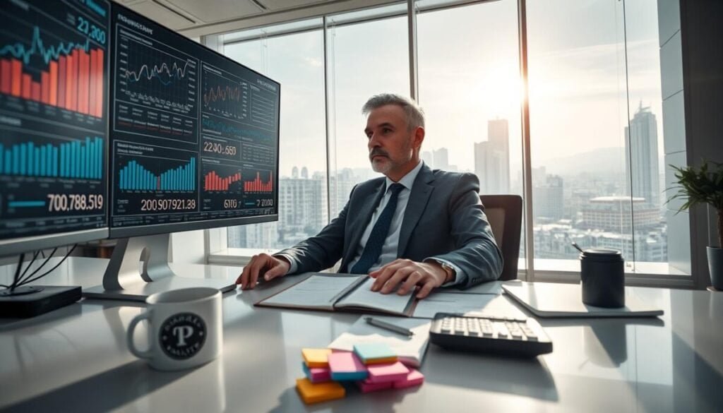 A professional business analyst is seated at a sleek, modern desk in a well-lit office, studying financial graphs and charts displayed on a high-resolution monitor. The analyst, a middle-aged man in a smart business suit, appears focused and engaged, with a notepad and calculator beside him. The foreground features detailed elements like a coffee mug with a company logo and colorful sticky notes. In the middle of the room, there's a large window revealing a bustling cityscape, symbolizing growth and opportunity. The lighting is bright and inviting, streaming through the glass, creating a productive atmosphere. The angle captures the analytical environment, emphasizing precision and professionalism. The mood conveys determination and clarity in managing costs without native OAuth support, suitable for a business-oriented article section.