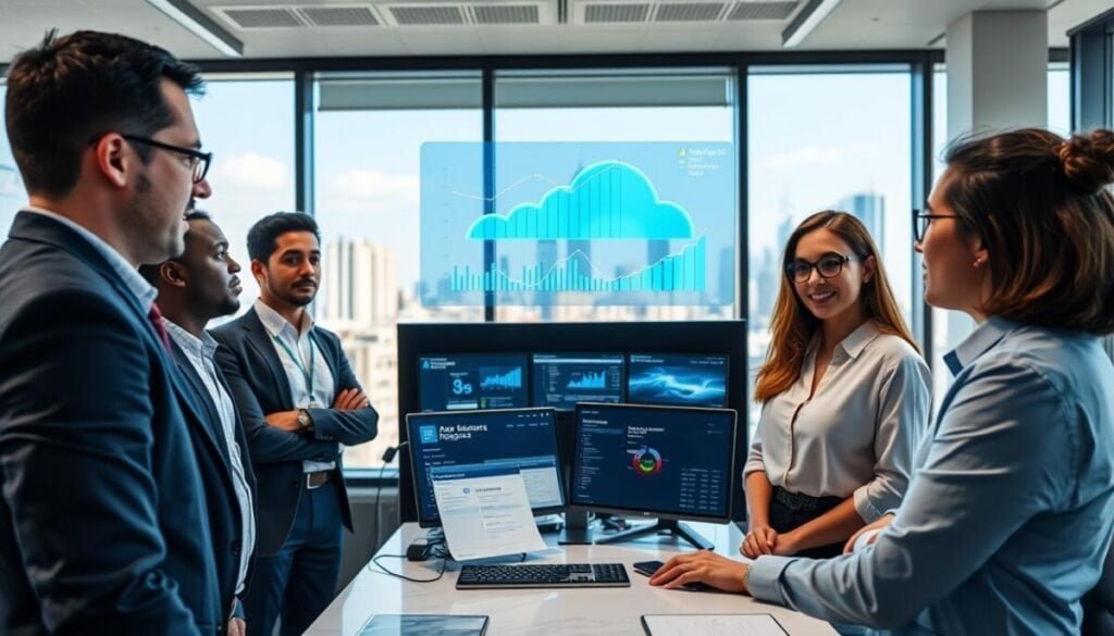 A professional, modern office setting embodies the theme of "Managing Azure Resources." In the foreground, a diverse group of three professionals, dressed in business attire, engage in a productive discussion around a sleek, holographic display showcasing dynamic Azure resource management metrics. The middle layer features a contemporary workstation with state-of-the-art technology, including multiple screens displaying Azure dashboards and analytics. In the background, a city skyline is visible through large windows, indicating a bright day, with soft, natural lighting enhancing the ambiance. The atmosphere is collaborative and forward-thinking, reflecting innovation and teamwork in cloud computing. The angle captures the scene from slightly above, providing a clear view of both the professionals and the holographic display, inviting viewers to immerse themselves in the world of cloud resource management.