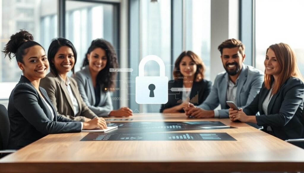 A professional office environment featuring a diverse group of business professionals sitting around a conference table. In the foreground, a woman in a smart blazer and a man in a crisp shirt are discussing a digital screen displaying graphs and data analysis. The middle of the scene highlights a secure lock symbol overlaying data streams, symbolizing security and user consent. In the background, large windows let in soft, natural light, creating an inviting atmosphere. The lighting is warm and focused on the table, emphasizing collaboration and trust. The image should convey a sense of professionalism, indicating a commitment to data privacy and transparency in business practices.