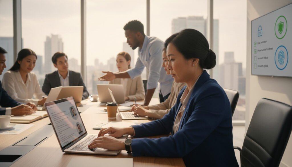 A professional office environment featuring a diverse group of individuals engaging in a discussion around a large table, with laptops and documents spread out. In the foreground, focus on a middle-aged Asian woman in a smart blazer, reviewing profile information on her laptop, her expression thoughtful. In the middle ground, a young Black man gestures actively while pointing at a digital display showing a checklist for identity verification, along with icons representing account security. The background shows a bright, modern office with large windows, allowing natural light to flood the space, creating an optimistic atmosphere. Soft shadows enhance depth, and a warm color palette fosters a sense of professionalism and collaboration. A professional office environment featuring a diverse group of individuals engaging in a discussion around a large table, with laptops and documents spread out. In the foreground, focus on a middle-aged Asian woman in a smart blazer, reviewing profile information on her laptop, her expression thoughtful. In the middle ground, a young Black man gestures actively while pointing at a digital display showing a checklist for identity verification, along with icons representing account security. The background shows a bright, modern office with large windows, allowing natural light to flood the space, creating an optimistic atmosphere. Soft shadows enhance depth, and a warm color palette fosters a sense of professionalism and collaboration.