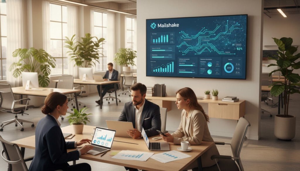 A professional office environment featuring a sleek workspace dedicated to outreach and communication. In the foreground, a diverse group of three business professionals dressed in smart attire are engaged in a collaborative discussion, surrounded by modern technology like laptops and smartphones displaying email analytics. In the middle ground, a large digital screen showcases an innovative Mailshake dashboard with graphs and AI features visually emphasizing efficiency in outreach. In the background, a bright, airy office filled with plants and contemporary furniture reflects a productive atmosphere. The lighting is warm and inviting, with soft natural light filtering through large windows, creating an uplifting mood that highlights teamwork and the power of AI in modern sales development workflows.