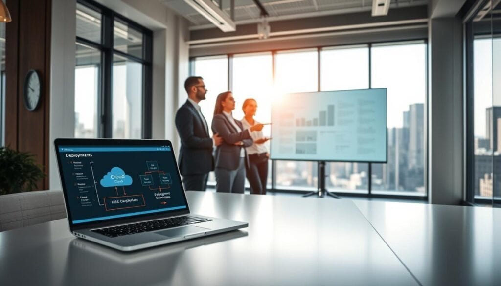 A professional office environment showcasing various deployment options for workflows. In the foreground, a sleek modern desk with a laptop displaying a cloud computing interface, technical diagrams, and decision trees. In the middle ground, a diverse group of three professionals in business attire discussing deployment strategies; one is pointing at a digital screen showing cloud and on-premises architecture options. The background features a large window with a view of a cityscape under bright, natural light, creating an open and collaborative atmosphere. The image should convey a sense of teamwork and innovation, with a focus on technology and strategic planning, captured with a slightly elevated angle to emphasize the workspace and interaction.