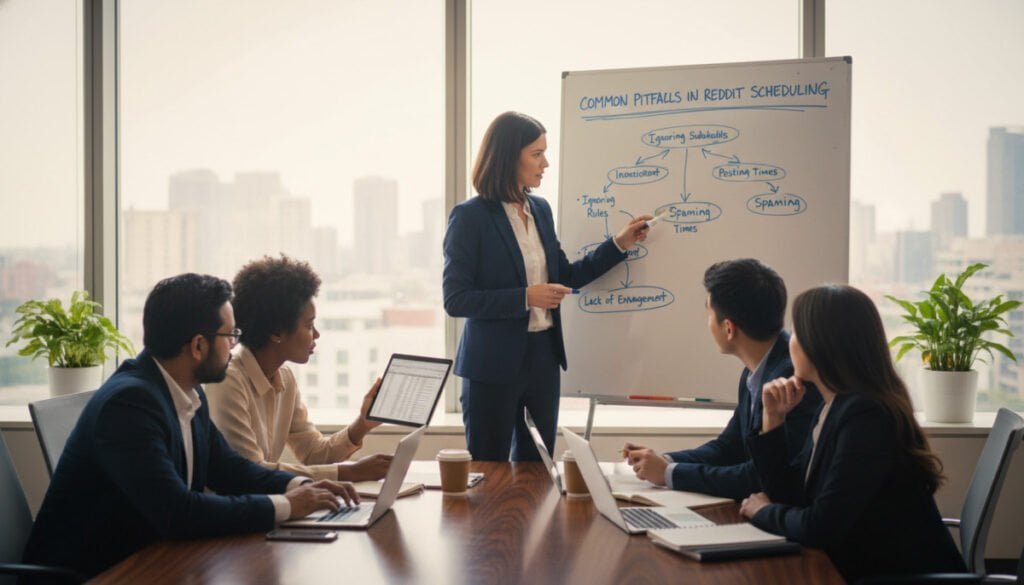 A professional office setting featuring a diverse group of individuals engaged in a strategic planning session. In the foreground, a focused woman in business attire gestures towards a whiteboard filled with flowcharts illustrating "Common Pitfalls in Reddit Scheduling." In the middle, a multicultural team sits around a sleek conference table, analyzing data on laptops and tablets, showcasing collaboration. The background shows a large window with soft, natural light filtering in, casting a warm glow over the scene, promoting a productive and positive atmosphere. The overall mood is one of determination and teamwork, emphasizing the importance of effective scheduling strategies for brands and communities. Use a wide-angle lens to capture the entire room, ensuring clarity and detail in both the foreground and background.