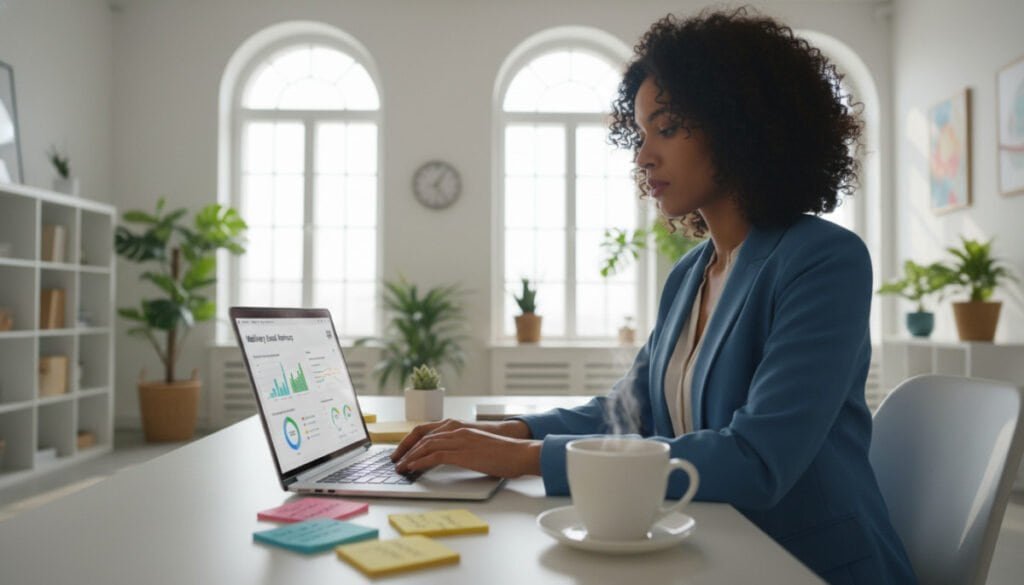 A professional office setting showcasing an inviting workspace focused on "Mailivery email warmup." In the foreground, a sleek, modern laptop displays an email dashboard with graphs and metrics, exuding a sense of efficiency and organization. Scattered around are colorful sticky notes and a cup of coffee, signaling productivity. In the middle ground, a well-dressed individual, a diverse professional in business attire, is intently working on the laptop, embodying a sense of purpose and focus. The background features a bright, airy office with sunlight streaming through large windows, illuminating plants and minimalist decor, creating a warm and motivating atmosphere. Use soft, natural lighting from the windows, with a slight depth of field to emphasize the foreground, instilling a sense of optimism and growth in email marketing.