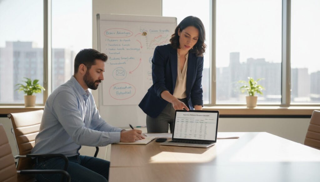 A professional office setting where a diverse group of individuals is gathered around a sleek conference table. In the foreground, a confident woman in smart business attire is pointing at a laptop displaying a comparison chart of newsletter referral software options, while a man in casual but neat clothing takes notes. The middle ground features vibrant charts and graphs pinned to a whiteboard, illustrating key features and benefits of various software solutions like Beehiiv and ConvertKit. The background shows a sunny window view with plants, creating an inviting atmosphere. Soft, natural lighting accentuates the focus on collaboration and decision-making, conveying a mood of engagement and professionalism. The lens perspective captures the excitement of selecting the best software, emphasizing teamwork and technology.
