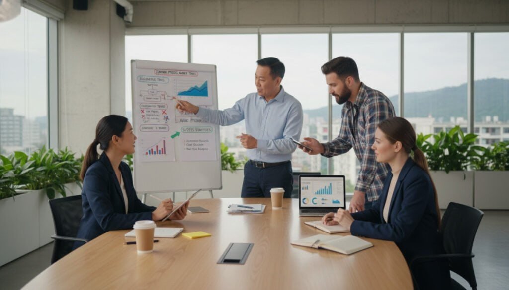 A professional office setting with a diverse group of four individuals engaged in a brainstorming session around a large table, depicting the collaborative nature of referral program management. In the foreground, a confident young woman in smart casual attire takes notes on a tablet. The middle layer features a middle-aged man gesturing towards a colorful strategy board filled with charts and referral program details while two other members—an enthusiastic man and a focused woman—examine digital devices. The background includes a sleek modern office environment with glass walls and soft natural lighting filtering in, fostering an atmosphere of teamwork and innovation. Emphasize a motivational and strategic mood, capturing the essence of bypassing common pitfalls in managing referral programs. A professional office setting with a diverse group of four individuals engaged in a brainstorming session around a large table, depicting the collaborative nature of referral program management. In the foreground, a confident young woman in smart casual attire takes notes on a tablet. The middle layer features a middle-aged man gesturing towards a colorful strategy board filled with charts and referral program details while two other members—an enthusiastic man and a focused woman—examine digital devices. The background includes a sleek modern office environment with glass walls and soft natural lighting filtering in, fostering an atmosphere of teamwork and innovation. Emphasize a motivational and strategic mood, capturing the essence of bypassing common pitfalls in managing referral programs.