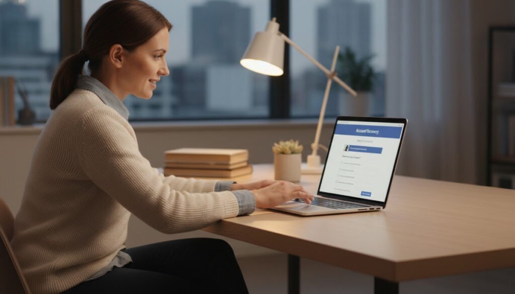 A professional person sitting at a modern desk with a laptop open in front of them, looking focused and determined as they navigate a web page for account recovery. The foreground features the individual, dressed in smart casual attire, with a slight smile of hope. The middle ground shows the laptop screen displaying a Facebook account recovery page, with clear visuals of security questions and verification options. In the background, a well-organized workspace is visible, with soft, warm lighting creating an inviting atmosphere. The scene conveys a sense of calm and determination, highlighting the essential steps towards regaining access to one's account. Use a slightly soft focus with a shallow depth of field to emphasize the person and the laptop.