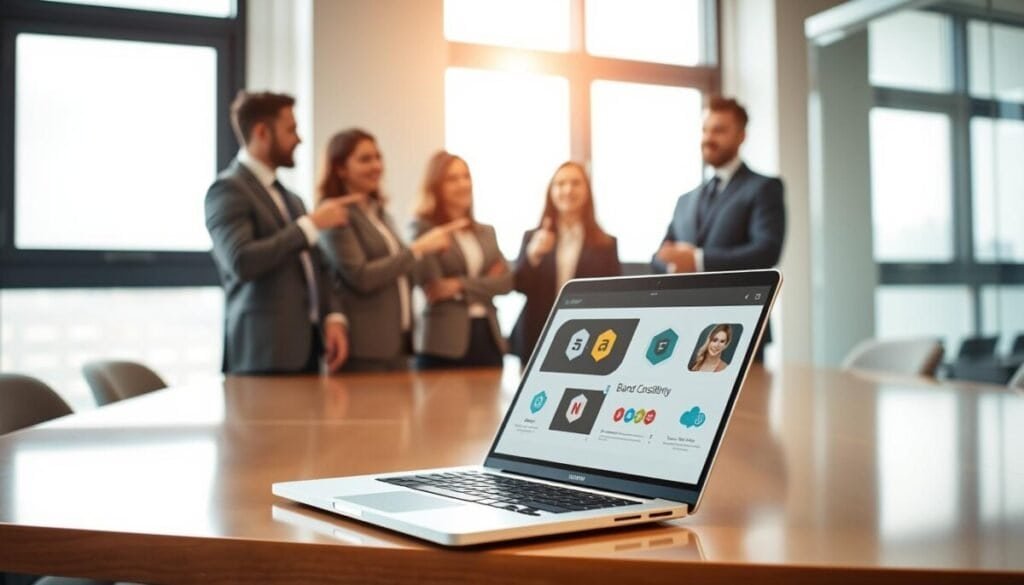 A professional presentation scene showcasing brand consistency slides on a sleek, modern laptop placed on a polished conference table. In the foreground, there are well-designed slides displayed on the laptop screen, featuring cohesive color schemes, fonts, and logo placements that reflect a unified brand identity. The middle background includes a small group of diverse professionals in business attire engaged in discussion, pointing at the slides with expressions of focused collaboration. Soft, natural lighting filters through large windows, casting a warm glow over the setting. The atmosphere is one of productivity and creativity, emphasizing the importance of visual harmony in corporate presentations. The angle captures both the laptop and the team, enhancing the sense of teamwork in maintaining brand consistency across various decks.