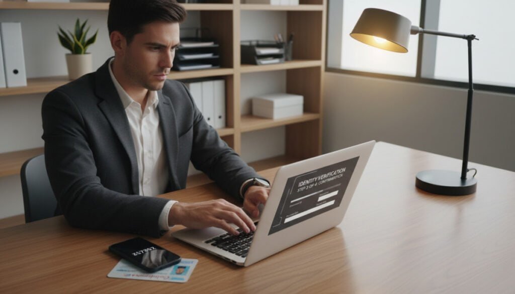A professional setting depicting an individual in business attire sitting at a desk, focused on a laptop screen showing a verification process for identity. In the foreground, the person's hands are typing, and next to them, there are identity credentials like a driver's license and a smartphone displaying a security code. In the middle ground, the laptop screen illuminates their face, creating a sense of concentration and urgency. The background includes shelves with organizational materials and a plant, suggesting a tidy office environment. The lighting is bright but soft, with a warm glow from a desk lamp, creating a reassuring and focused atmosphere. The angle captures the scene from a slight overhead perspective, emphasizing the task at hand while maintaining a professional and secure ambiance.