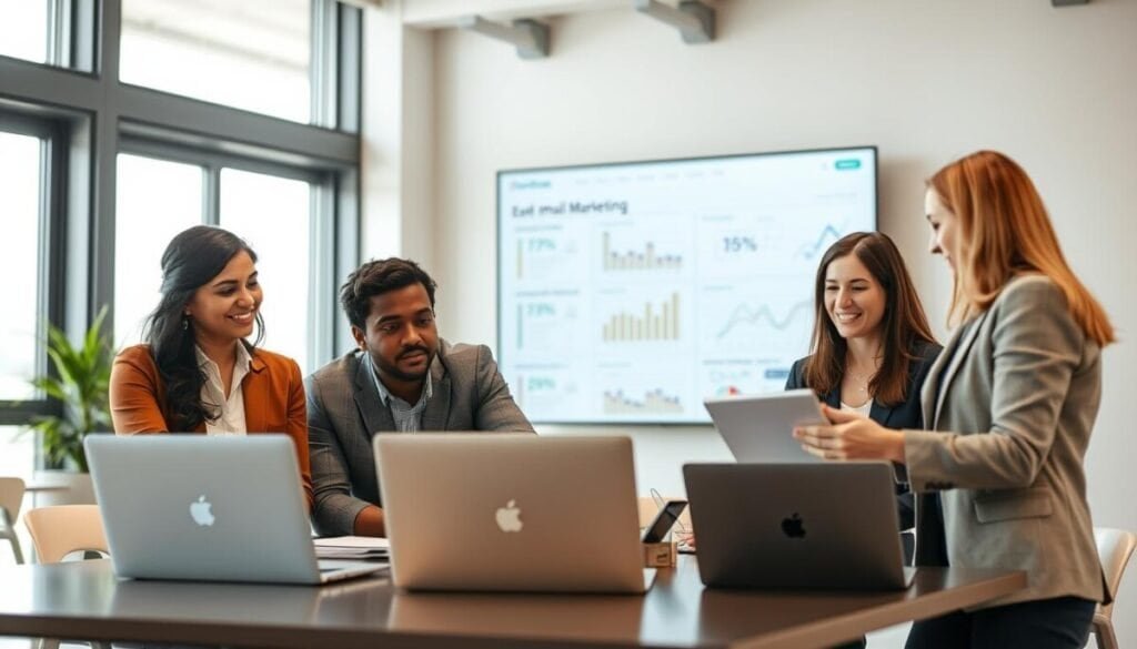 A professional setting featuring a diverse group of individuals engaged in a collaborative discussion over laptops and digital devices. In the foreground, three colleagues—a South Asian woman, a Black man, and a Caucasian woman—are animatedly sharing ideas, all dressed in smart casual business attire. The middle ground showcases a large screen displaying analytical data and email marketing statistics, emphasizing their focus on communication strategies. The background includes a modern office environment with large windows letting in natural light, creating a warm and inviting atmosphere. The lighting is soft and even, enhancing the sense of teamwork and innovation. Capture a feeling of concentration and collaboration in this workspace, utilizing a shallow depth of field to draw attention to the engaged individuals.