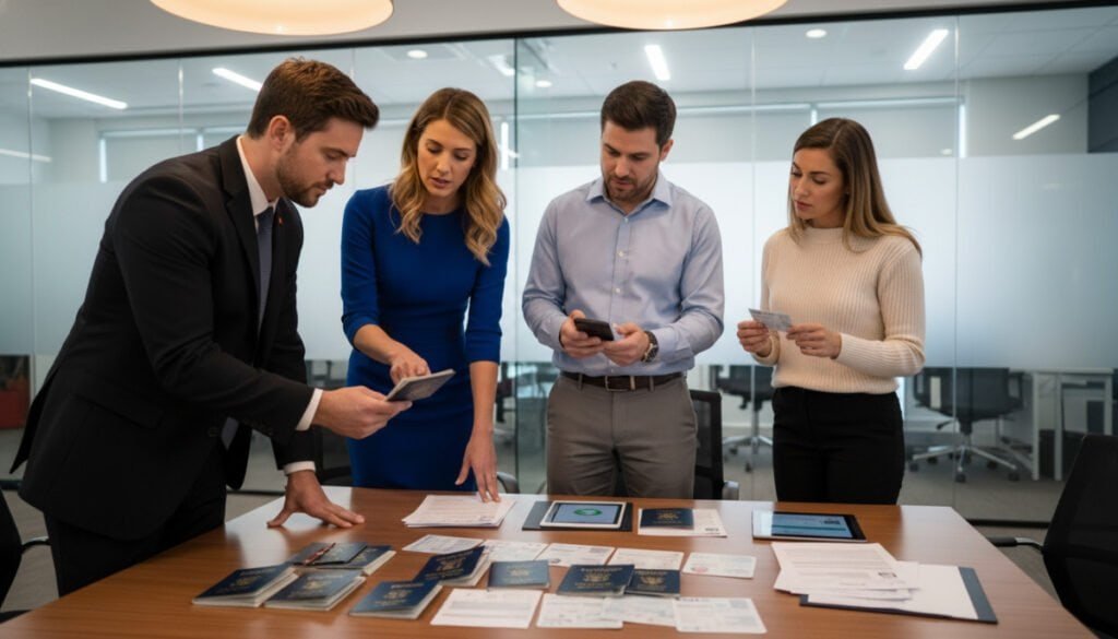 A professional setting for identity verification, featuring a well-lit office environment. In the foreground, a diverse group of four individuals dressed in business attire—a man in a suit, a woman in a tailored dress, another man in business casual, and a woman in smart casual—are orderly examining various forms of identification. Each person demonstrates a focused and collaborative demeanor, with one person holding a smartphone displaying a verification app. In the middle ground, a large desk cluttered with passports, driver’s licenses, and identity verification documents is visible. The background shows a modern office with glass panels and low-hanging lights creating a warm yet professional atmosphere. Soft shadows enhance the detail, portraying an ambiance of trust and clarity. A professional setting for identity verification, featuring a well-lit office environment. In the foreground, a diverse group of four individuals dressed in business attire—a man in a suit, a woman in a tailored dress, another man in business casual, and a woman in smart casual—are orderly examining various forms of identification. Each person demonstrates a focused and collaborative demeanor, with one person holding a smartphone displaying a verification app. In the middle ground, a large desk cluttered with passports, driver’s licenses, and identity verification documents is visible. The background shows a modern office with glass panels and low-hanging lights creating a warm yet professional atmosphere. Soft shadows enhance the detail, portraying an ambiance of trust and clarity.