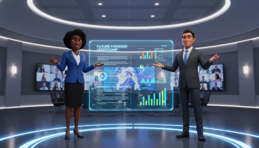 A professional virtual training session environment featuring diverse virtual presenters. In the foreground, two engaging avatars, a Black woman and a Hispanic man, are dressed in smart business attire, demonstrating effective body language in a dynamic presentation. The middle ground includes a sleek digital interface displaying training materials, with bright, interactive graphics. The background is a modern, virtual conference room, with soft ambient lighting and high-tech screens, creating an inviting and professional atmosphere. Use a slight downward angle to focus on the avatars while capturing the ambiance of the modern training environment, emphasizing innovation and engagement. The overall mood should be inspiring, energetic, and conducive to learning. A professional virtual training session environment featuring diverse virtual presenters. In the foreground, two engaging avatars, a Black woman and a Hispanic man, are dressed in smart business attire, demonstrating effective body language in a dynamic presentation. The middle ground includes a sleek digital interface displaying training materials, with bright, interactive graphics. The background is a modern, virtual conference room, with soft ambient lighting and high-tech screens, creating an inviting and professional atmosphere. Use a slight downward angle to focus on the avatars while capturing the ambiance of the modern training environment, emphasizing innovation and engagement. The overall mood should be inspiring, energetic, and conducive to learning.