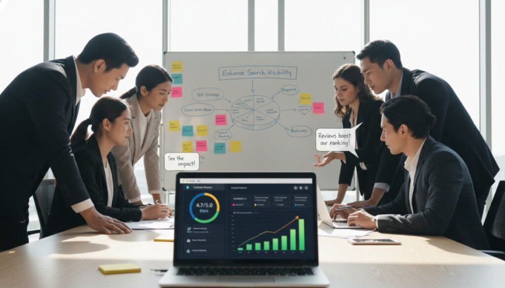 A professional workspace featuring a diverse group of business individuals collaborating around a large table, analyzing search data on digital devices. In the foreground, a laptop displays a vibrant dashboard with glowing performance metrics and ratings from customer reviews. The middle ground includes a whiteboard filled with colorful sticky notes and charts illustrating strategies for improving search visibility. The background shows a bright office with large windows letting in natural light, creating a warm and inviting atmosphere. Soft shadows emphasize the focus on teamwork and innovation. The individuals, dressed in smart business attire, exude professionalism and engagement as they discuss the importance of online reviews in enhancing business visibility.