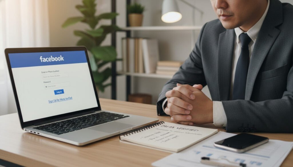 A professional workspace featuring a laptop displaying the Facebook login page, surrounded by documents and a smartphone. In the foreground, the laptop screen is bright, showcasing the Facebook logo and the login fields, suggesting the action of account recovery. A well-dressed individual in business attire, focused and contemplative, sits at the desk, with a look of determination. Soft, natural lighting enhances the scene, casting gentle shadows that create an inviting atmosphere. The middle ground features a notepad with notes about Meta Verified, emphasizing its relevance to the recovery process. The background is softly blurred, with hints of a home office setting, like bookshelves and plants, to keep the focus on the laptop and the individual, conveying a sense of professionalism and urgency in resolving account issues. A professional workspace featuring a laptop displaying the Facebook login page, surrounded by documents and a smartphone. In the foreground, the laptop screen is bright, showcasing the Facebook logo and the login fields, suggesting the action of account recovery. A well-dressed individual in business attire, focused and contemplative, sits at the desk, with a look of determination. Soft, natural lighting enhances the scene, casting gentle shadows that create an inviting atmosphere. The middle ground features a notepad with notes about Meta Verified, emphasizing its relevance to the recovery process. The background is softly blurred, with hints of a home office setting, like bookshelves and plants, to keep the focus on the laptop and the individual, conveying a sense of professionalism and urgency in resolving account issues.