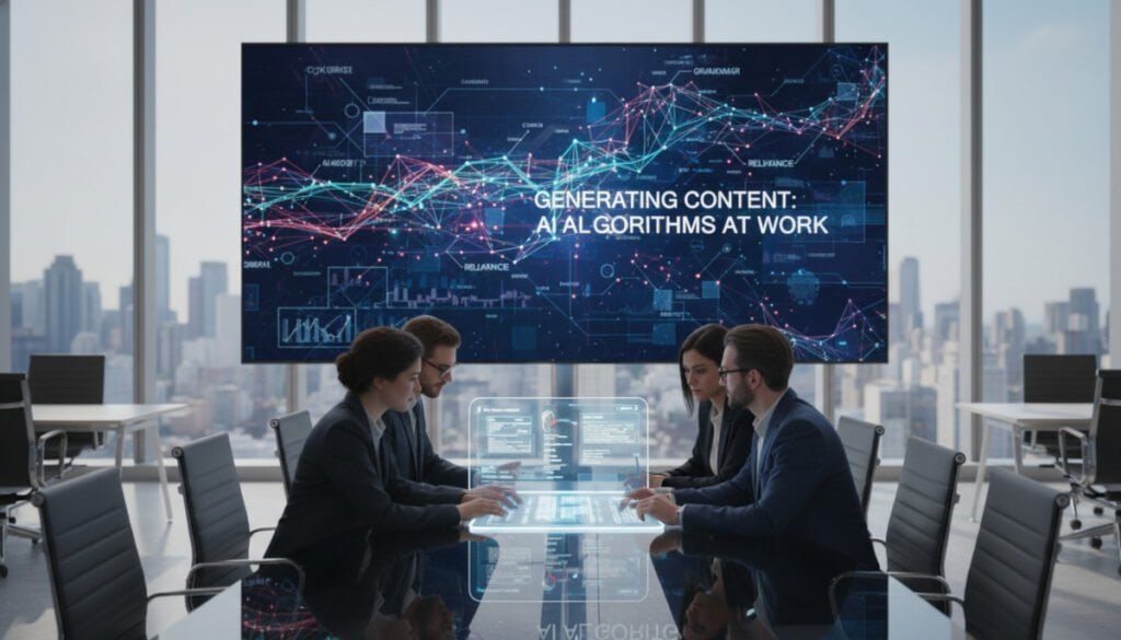 A professional workspace illustrating "Leveraging AI for Content Quality". In the foreground, a diverse group of three professionals in business attire sit around a sleek glass table, collaborating over a futuristic laptop displaying graphs and text created by AI. The middle ground features a large digital screen showcasing AI algorithms generating content, with colorful, dynamic visualizations of data. The background highlights a modern office with large windows allowing natural light to flood the scene, creating an energetic and inspiring atmosphere. The lighting is bright, enhancing the sense of innovation. The camera angle captures the action from a slightly elevated perspective, lending depth to the image while keeping the focus on the professionals and their AI tools.