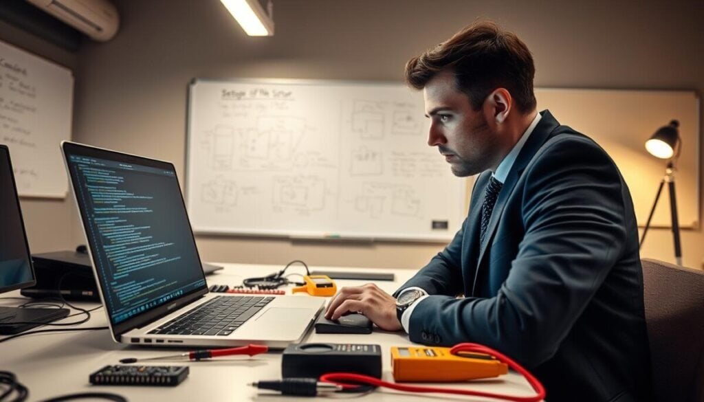 A professional workspace illustrating a "troubleshooting RTK hook" scenario. In the foreground, a person in business attire is intently examining a laptop screen filled with technical code. Their face shows concentration, illuminated by soft, warm lighting that creates a focused atmosphere. In the middle, various technical tools are scattered across a clean, organized desk, including a circuit board and a multimeter. The background features a whiteboard covered with diagrams and troubleshooting notes, enhancing the theme of problem-solving. The scene is framed from a slightly elevated angle, capturing the essence of a collaborative tech environment, with a calm yet determined mood that suggests persistence in overcoming setup issues. A professional workspace illustrating a "troubleshooting RTK hook" scenario. In the foreground, a person in business attire is intently examining a laptop screen filled with technical code. Their face shows concentration, illuminated by soft, warm lighting that creates a focused atmosphere. In the middle, various technical tools are scattered across a clean, organized desk, including a circuit board and a multimeter. The background features a whiteboard covered with diagrams and troubleshooting notes, enhancing the theme of problem-solving. The scene is framed from a slightly elevated angle, capturing the essence of a collaborative tech environment, with a calm yet determined mood that suggests persistence in overcoming setup issues.