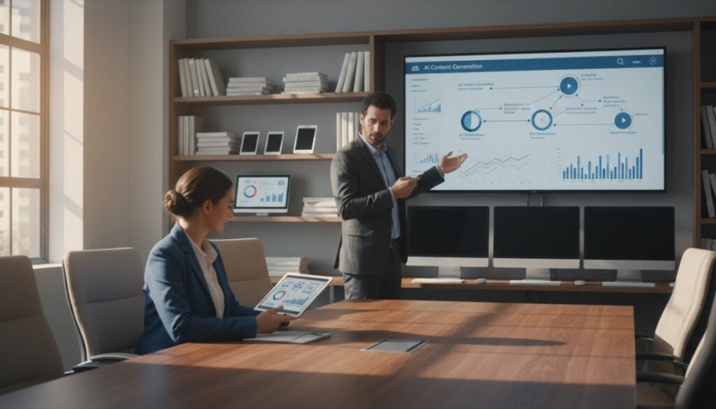 A professional workspace setting featuring a diverse group of marketing team members engaged in collaborative discussions about scaling written assets. In the foreground, a woman in business attire analyzes a digital tablet displaying analytics on written content performance. In the middle, a man, also dressed professionally, points to a large screen displaying graphs and charts representing AI-powered platforms for content creation and repurposing. The background showcases shelves filled with books and digital devices, enhancing the high-tech atmosphere. Soft, natural lighting illuminates the scene, creating a warm and inviting mood. The angle captures a dynamic interaction, emphasizing innovation and teamwork, with a focus on written content strategies.