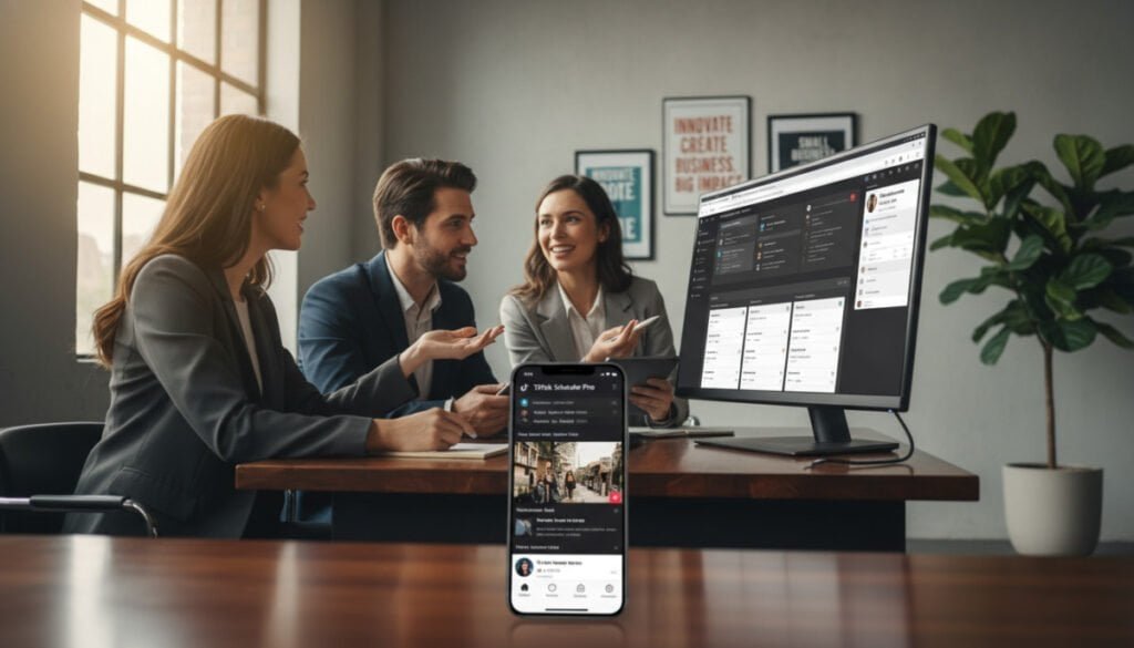 A professional workspace showcasing a sleek desktop setup with various TikTok scheduling tools open on the computer screen. In the foreground, a smartphone displays the TikTok app interface. In the middle ground, a diverse group of three professionals in business attire are engaged in discussion around the desk, pointing at the screen with enthusiasm. The background features a modern office environment with motivational posters and a potted plant. Soft, natural lighting from a nearby window creates a bright and inviting atmosphere. The angle captures the hustle and bustle of a productive workday, emphasizing teamwork and innovation in small business solutions. A professional workspace showcasing a sleek desktop setup with various TikTok scheduling tools open on the computer screen. In the foreground, a smartphone displays the TikTok app interface. In the middle ground, a diverse group of three professionals in business attire are engaged in discussion around the desk, pointing at the screen with enthusiasm. The background features a modern office environment with motivational posters and a potted plant. Soft, natural lighting from a nearby window creates a bright and inviting atmosphere. The angle captures the hustle and bustle of a productive workday, emphasizing teamwork and innovation in small business solutions.