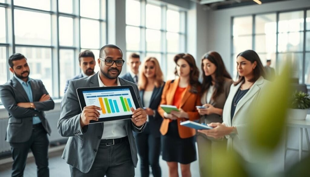 A serene, modern office environment showcasing a diverse group of professionals engaged in a safety briefing. In the foreground, a confident woman in smart business attire points to a digital safety chart on a tablet. In the middle ground, a diverse group of men and women, all dressed in professional attire, listen attentively, taking notes. The background features large windows that let in soft, natural light, illuminating the space and creating a warm, inviting atmosphere. The color palette is calming, with blues and greens predominating, symbolizing trust and security. The lens is slightly wide-angle to capture the collaborative spirit and the sense of commitment to responsible scaling and safety in the workplace. The overall mood is focused, optimistic, and dedicated to a culture of safety.