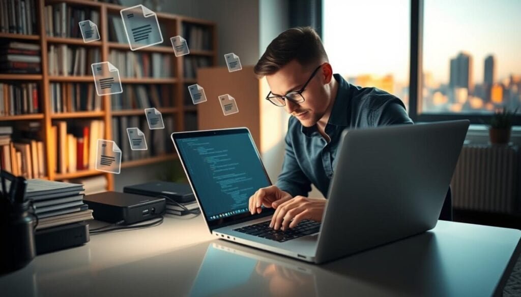 A serene, modern workspace featuring a sleek laptop open to the Sublime Text interface, surrounded by digital files and code snippets floating in a translucent manner, symbolizing file interaction. In the foreground, a focused professional in smart casual attire is typing intently, their face illuminated by the soft glow of the laptop screen. In the middle, the desktop is organized with minimal clutter, showcasing a sophisticated blend of technology and productivity tools, with soft light reflecting off the surfaces. The background shows a blurred bookshelf filled with programming books and a window revealing a cityscape bathed in the warm light of late afternoon, creating a harmonious atmosphere of innovation and concentration. The overall mood is one of efficiency and inspiration.