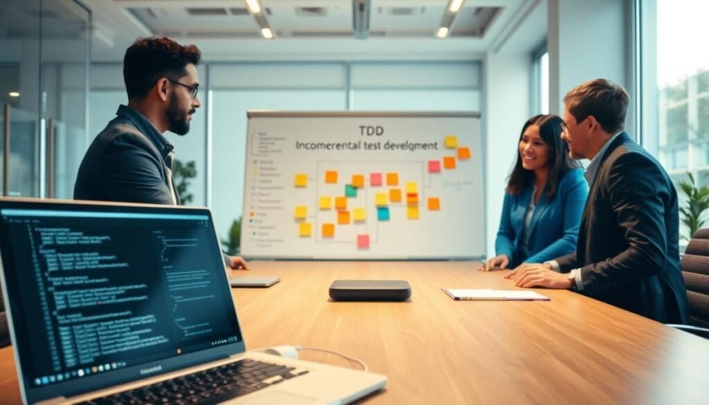 A serene office environment featuring a diverse group of four professionals engaged in teamwork around a modern conference table. In the foreground, a laptop displays lines of code and a testing interface, emphasizing incremental test development. In the middle, a large whiteboard shows a flowchart illustrating the TDD process, with colorful sticky notes all around. The background showcases a bright, airy office space with large windows letting in natural light, highlighting a calm and focused atmosphere. The image captures professionals wearing smart casual attire, deep in discussion and collaboration, radiating a sense of productivity and innovation. The lighting is warm and inviting, creating a mood of inspiration and teamwork, focusing on overcoming cognitive overload through a clear, systematic approach.