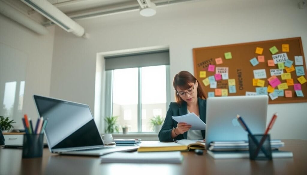 A serene office environment showcasing a well-organized desk with a laptop, planner, and stationery, emphasizing a sense of productivity. In the foreground, a person in professional business attire, focused and taking notes during a weekly review session. The middle layer features a large window allowing soft, natural light to flood the space, creating a warm and inviting atmosphere. In the background, a bulletin board filled with colorful task cards and motivational quotes. The overall mood is calm and encouraging, reflecting clarity and focus, with a slight depth of field effect emphasizing the subject in the foreground. A serene office environment showcasing a well-organized desk with a laptop, planner, and stationery, emphasizing a sense of productivity. In the foreground, a person in professional business attire, focused and taking notes during a weekly review session. The middle layer features a large window allowing soft, natural light to flood the space, creating a warm and inviting atmosphere. In the background, a bulletin board filled with colorful task cards and motivational quotes. The overall mood is calm and encouraging, reflecting clarity and focus, with a slight depth of field effect emphasizing the subject in the foreground.
