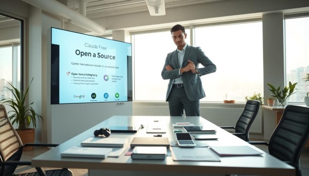 A serene office environment showcasing the concept of "Claude Free," with a professional individual in modest business attire, standing confidently in the foreground. They are interacting with an interactive digital display highlighting the benefits of open-source features, such as accessibility and collaboration. In the middle ground, a sleek desk with modern tech gadgets and open-source materials spread out, symbolizing innovation and teamwork. The background features large windows allowing soft, natural light to flood in, casting gentle shadows that create a warm and inviting atmosphere. The scene is captured from a slightly low angle to give emphasis on the professional and engaging nature of the setting, evoking a sense of optimism and inspiration about the open-source program. A serene office environment showcasing the concept of "Claude Free," with a professional individual in modest business attire, standing confidently in the foreground. They are interacting with an interactive digital display highlighting the benefits of open-source features, such as accessibility and collaboration. In the middle ground, a sleek desk with modern tech gadgets and open-source materials spread out, symbolizing innovation and teamwork. The background features large windows allowing soft, natural light to flood in, casting gentle shadows that create a warm and inviting atmosphere. The scene is captured from a slightly low angle to give emphasis on the professional and engaging nature of the setting, evoking a sense of optimism and inspiration about the open-source program.