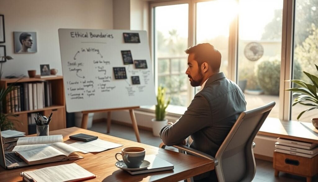 A serene office space bathed in natural light, featuring a large wooden desk cluttered with open notebooks, a laptop, and a steaming cup of coffee. In the foreground, a focused writer, dressed in professional attire, is sitting in a modern swivel chair, deeply engaged in thought as they glance at a digital interface displaying ideas for ethical storytelling. The middle ground showcases a whiteboard with brainstorming notes about "ethical boundaries" in writing, surrounded by floating concept images of fictional characters and technological elements like AI circuits. In the background, large windows reveal a tranquil garden, symbolizing creativity and inspiration. The overall mood is reflective yet dynamic, emphasizing the balance between creativity and responsibility in fiction. Soft shadows enhance the depth of the scene, captured with a shallow depth of field to draw attention to the writer's focused expression.