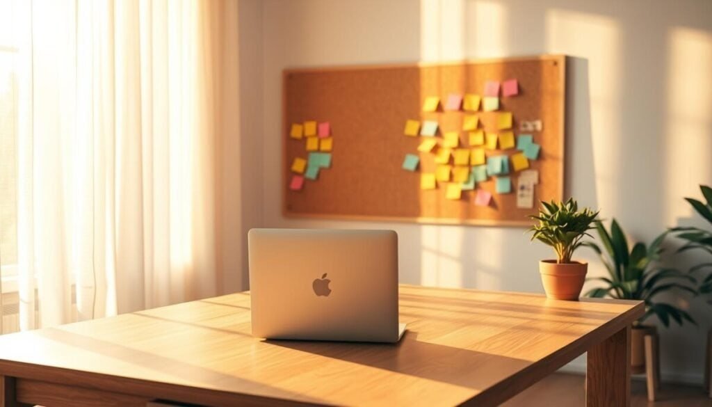 A serene workspace illuminated by soft, diffused lighting, showcasing an elegant wooden desk in the foreground, adorned with a minimalist laptop and a vibrant potted plant. In the middle ground, a corkboard features colorful sticky notes organized around various visual ideas, symbolizing creativity and workflow. The background reveals a large window draped in sheer curtains, allowing warm, golden sunlight to filter through, casting gentle shadows that evoke a sense of calm and inspiration. The atmosphere is uplifting and focused, designed to convey effective prompting for visual success. Shot from a slightly elevated angle to emphasize the depth and organization of the workspace, with a shallow depth of field to create a blurred effect on distant elements.