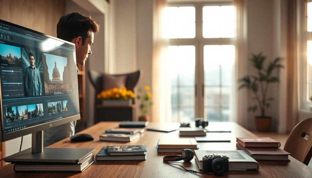 A serene workspace setting where a professional photo editor, dressed in smart casual clothing, is focused on optimizing digital images. In the foreground, a large computer monitor displays vibrant and crisp images, showcasing editing software with sliders and tools clearly visible. The middle ground features a stylish desk cluttered with photography books, a tablet, and a camera, emphasizing the craft of photo editing. The background is softly blurred to reveal a well-lit room with warm, natural light streaming through large windows, casting gentle shadows across the workspace. The atmosphere is calm and creative, inspiring high-quality results, captured from a frontal angle to highlight the editor's concentration and the detailed work process.