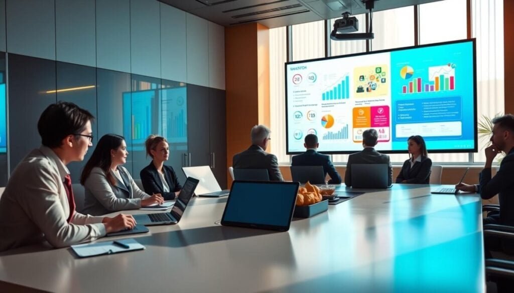 A sleek and modern conference room filled with vibrant presentation slides displayed on a large screen. In the foreground, a projector casts colorful visuals showcasing graphs and strategic plans, emphasizing collaboration and innovation. The middle layer features an elegant meeting table with laptops open, notes scattered, and professional business attire-clad individuals engaged in discussion, conveying teamwork and focus. The background includes a large window with natural daylight pouring in, creating a warm yet professional atmosphere. Soft shadows add depth, while the overall color palette consists of soothing blues and greens, evoking a sense of clarity and creativity. The scene captures the essence of an effective strategic presentation workflow.