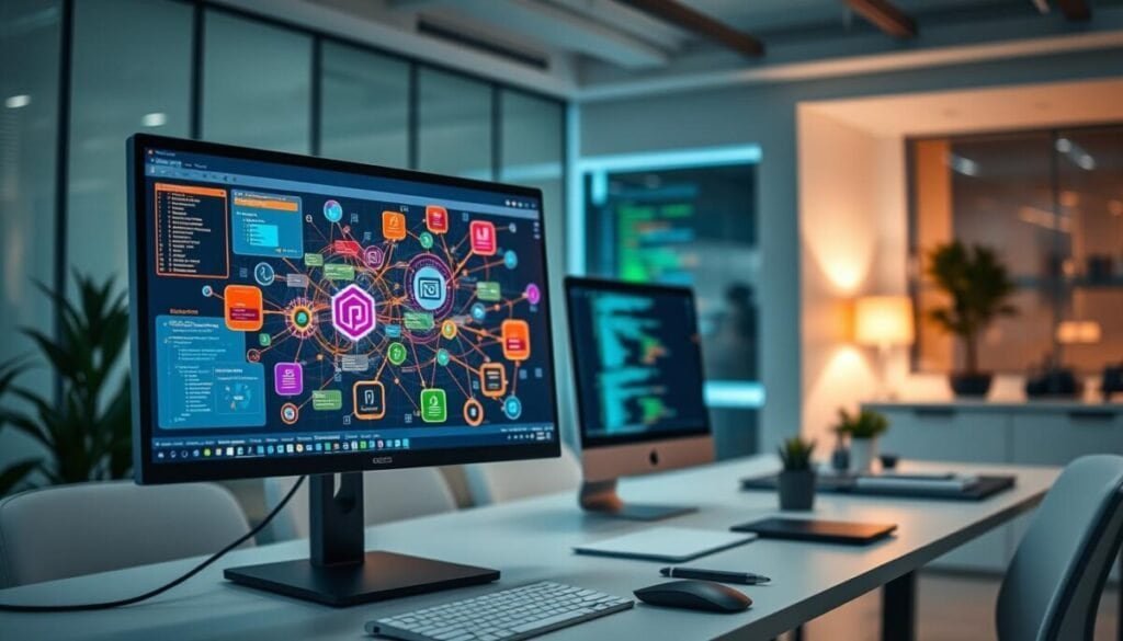 A sleek and modern digital workspace featuring an abstract representation of "schema access 200 database types." In the foreground, a high-tech computer screen displays colorful visual diagrams and data flow charts, connected in a network pattern. In the middle ground, a professional business environment is depicted with a well-organized desk, showcasing tools like DBeaver on the computer, and several database symbols intermingling in a vibrant schema layout. In the background, a softly lit office space exudes a productive atmosphere, with minimalistic decor and gentle ambient lighting emphasizing a sense of efficiency. The image should be captured with a slight angle, utilizing a lens effect to create a sense of depth. The overall mood is one of innovation, focus, and advancement in technology.