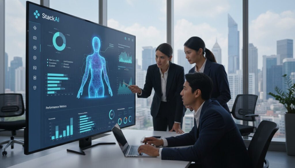 A sleek and modern interface of the StackAI compliance platform prominently displayed on a digital screen in a professional office setting. In the foreground, a diverse group of three professionals in business attire is engaged in discussion, analyzing data visualizations shown on the screen. The middle layer features a virtual assistant, represented as an intuitive AI interface, showcasing compliance analytics and performance metrics with vibrant graphs and charts. In the background, large windows flood the room with natural light, highlighting a city skyline. The mood is collaborative and focused, emphasizing the importance of compliance in regulated industries. The lighting is bright and clear, creating a professional atmosphere. Use a wide-angle lens to capture the entire scene effectively. A sleek and modern interface of the StackAI compliance platform prominently displayed on a digital screen in a professional office setting. In the foreground, a diverse group of three professionals in business attire is engaged in discussion, analyzing data visualizations shown on the screen. The middle layer features a virtual assistant, represented as an intuitive AI interface, showcasing compliance analytics and performance metrics with vibrant graphs and charts. In the background, large windows flood the room with natural light, highlighting a city skyline. The mood is collaborative and focused, emphasizing the importance of compliance in regulated industries. The lighting is bright and clear, creating a professional atmosphere. Use a wide-angle lens to capture the entire scene effectively.