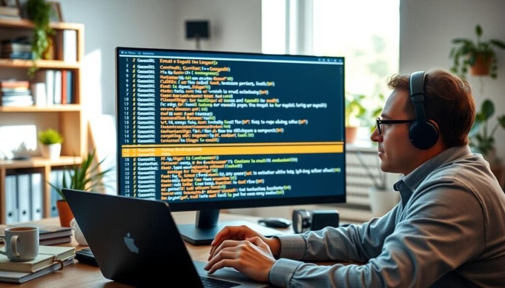 A sleek and modern workspace featuring a custom command-line interface (CLI) for email management on a high-resolution computer screen. In the foreground, a focused developer, dressed in smart casual clothing, is actively typing code, surrounded by tech gadgets like a laptop, books on programming, and a coffee mug. The middle ground showcases the vibrant glow of the CLI text, with visual representations of email icons and code snippets highlighting functionality and customization. In the background, a tidy office space with wooden shelves filled with tech literature, plants adding a touch of greenery, and soft natural light streaming in through a window creates an inviting atmosphere. The mood is productive and innovative, with a slight futuristic feel as the user explores new email possibilities. The focus is sharp on the CLI and the user's engaged expression, captured from a slightly elevated angle, emphasizing the interaction with technology.