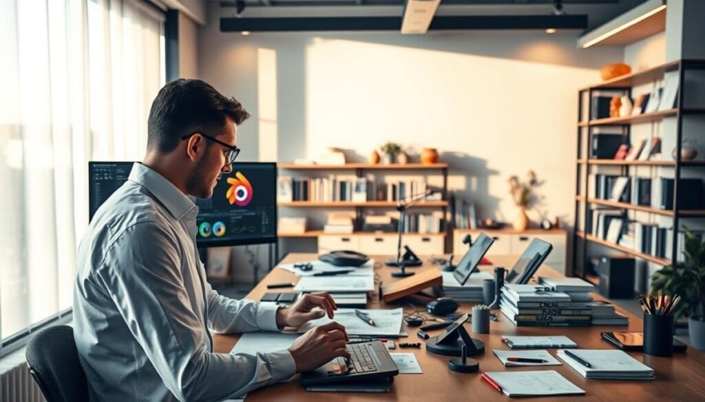 A sleek and modern workspace illuminated by soft, diffused lighting, featuring a high-end computer setup displaying the Blender interface with vibrant 3D models in progress. In the foreground, a professional in a crisp white shirt, consciously engaged with the screen, is surrounded by various design tools and sketches for reference. The middle layer shows an organized desk cluttered with digital tablets and notes, highlighting the integration of natural language prompts into the Blender workflow. In the background, shelves filled with creative books and art supplies create a warm, inspiring atmosphere. A large window allows natural light to stream in, casting gentle shadows and enhancing the innovative feel of the workspace, evoking a mood of creativity and collaboration.