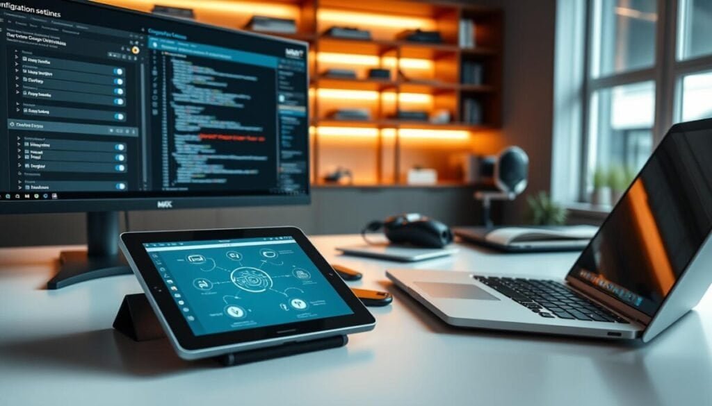 A sleek and modern workspace showcasing the concept of configuration for integration. In the foreground, a well-organized desk with multiple monitors displaying complex configuration settings, sleek coding interfaces, and interconnected system diagrams. The middle ground features a digital tablet and a smartphone showcasing mobile app integrations, while a stylish laptop is slightly open, displaying collaboration tools. In the background, soft-focus shelves with tech books and ambient lighting create a warm, inviting atmosphere, emphasizing productivity and professionalism. The scene is well-lit, utilizing natural light from a nearby window, enhancing the tech-savvy aesthetic. The overall mood is focused and efficient, reflecting a dynamic environment ready for enhancing workflows.