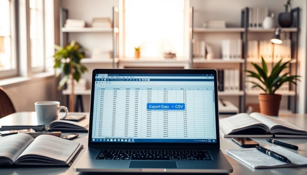 A sleek computer workstation showcasing a bright, modern office environment. In the foreground, an open laptop screen displays a neatly organized spreadsheet with the prominent “Export CSV” option highlighted in a vibrant blue color. Surrounding the laptop, there are open notebooks and digital devices conveying a sense of productivity and analysis. In the middle ground, a minimalist desk with stylish office supplies and a potted plant adds a touch of greenery. The background features soft-focus shelves with neatly arranged books and a warm, inviting window light filtering in, creating an inspiring atmosphere. The overall mood is focused and professional, perfect for illustrating the concept of exporting data for further analysis.