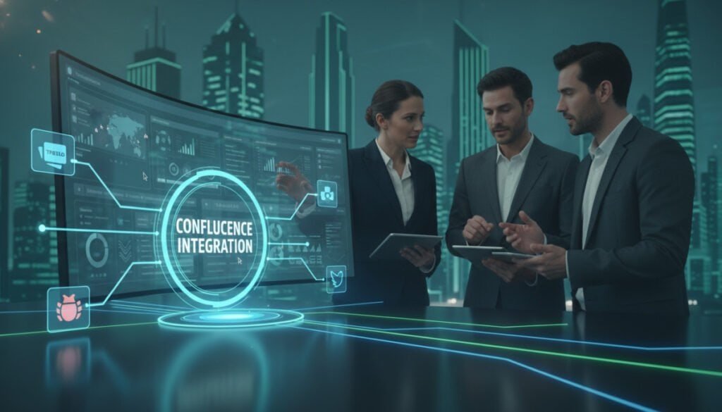 A sleek digital workspace representing "Confluence integration" prominently in the foreground with vibrant interconnected lines illustrating integration with various tools like Jira, Trello, and Bitbucket. In the middle, a large, modern monitor displays an organized Confluence page filled with charts and collaborative documentation. Surrounding this, professional individuals in business attire engage in discussion and teamwork, symbolizing effective collaboration. In the background, a stylized cityscape tinged with hues of blue and green signifies innovation and technology, enhanced with soft ambient lighting to create a modern atmosphere. The camera angle is slightly elevated to capture the workspace's sense of harmony and productivity, inviting viewers into the world of seamless Confluence integration within the Atlassian ecosystem.