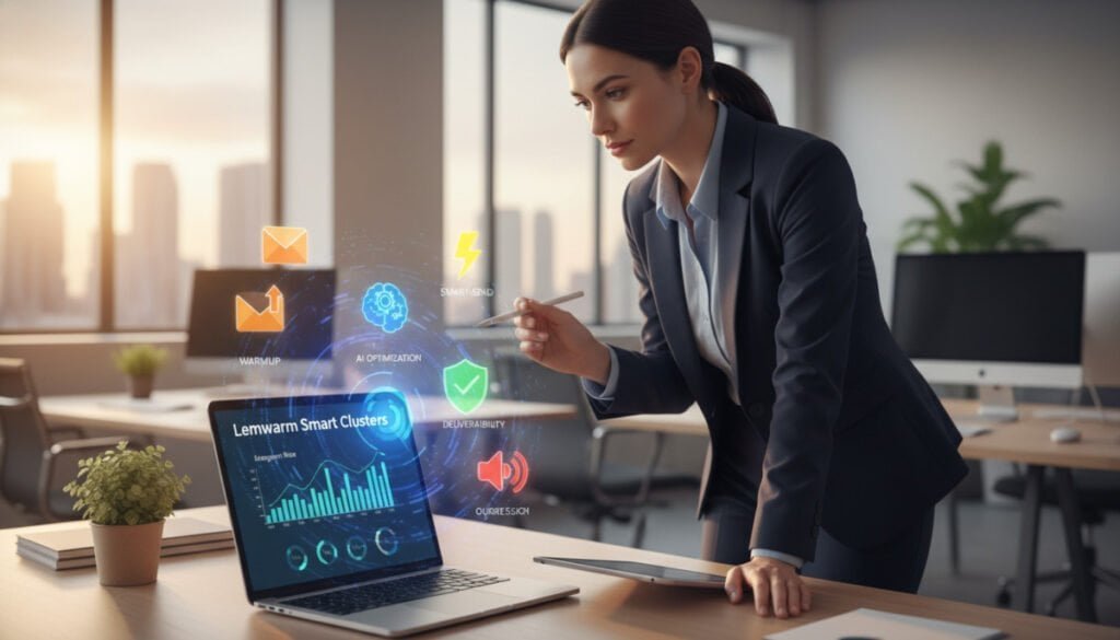 A sleek digital workspace showcasing "Lemwarm Smart Clusters" in action. In the foreground, a stylish laptop displays an animated dashboard with graphs depicting engagement metrics. Surrounding it, a set of colorful icons representing various email tools and warmup features float in a vibrant, tech-inspired design. In the middle ground, a professional businessperson in smart casual attire is analyzing the data, showing a thoughtful expression. The background features a modern office environment with soft lighting emanating from large windows, casting a warm glow. The atmosphere is focused and innovative, reflecting the power of automated engagement in email marketing. The image captures a sense of productivity and forward-thinking in digital communications.