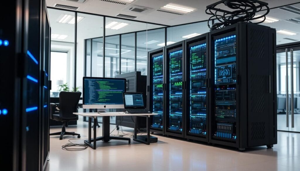 A sleek, modern MCP server setup occupies the foreground, featuring multiple LED-lit racks filled with interconnected hardware, glowing with blue and green lights that indicate active processes. The middle ground showcases a troubleshooting workstation, complete with a high-resolution monitor displaying code snippets and graphs related to automation processes, alongside a laptop open with diagnostic software. In the background, a stylish, minimalistic office space with glass walls reflects a tech-savvy atmosphere, hinting at collaboration. Soft, diffused lighting casts gentle shadows, enhancing the serious yet innovative mood of the scene. The perspective is slightly elevated, giving a comprehensive view of the technical setup while focusing on the intricate details of the server and workspace. No text or branding elements are present.