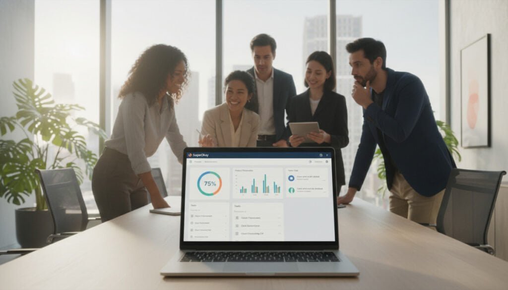 A sleek, modern client portal interface displayed on a high-resolution laptop screen in a bright, airy office space. The foreground showcases the laptop, emphasizing the vibrant dashboard of the SuperOkay software with visually appealing charts and project collaboration tools. In the middle ground, a diverse group of professionals, dressed in smart business attire, engage in an animated discussion around the laptop, reflecting teamwork and creative collaboration. The background features a stylish office decor with green plants and large windows allowing natural light to flood in, creating an inviting and productive atmosphere. Soft, diffused lighting enhances the clarity and warmth of the scene, while a slight angle emphasizes the interpersonal connection and dynamic environment. The overall mood is focused yet collaborative, ideal for showcasing innovative software solutions. A sleek, modern client portal interface displayed on a high-resolution laptop screen in a bright, airy office space. The foreground showcases the laptop, emphasizing the vibrant dashboard of the SuperOkay software with visually appealing charts and project collaboration tools. In the middle ground, a diverse group of professionals, dressed in smart business attire, engage in an animated discussion around the laptop, reflecting teamwork and creative collaboration. The background features a stylish office decor with green plants and large windows allowing natural light to flood in, creating an inviting and productive atmosphere. Soft, diffused lighting enhances the clarity and warmth of the scene, while a slight angle emphasizes the interpersonal connection and dynamic environment. The overall mood is focused yet collaborative, ideal for showcasing innovative software solutions.