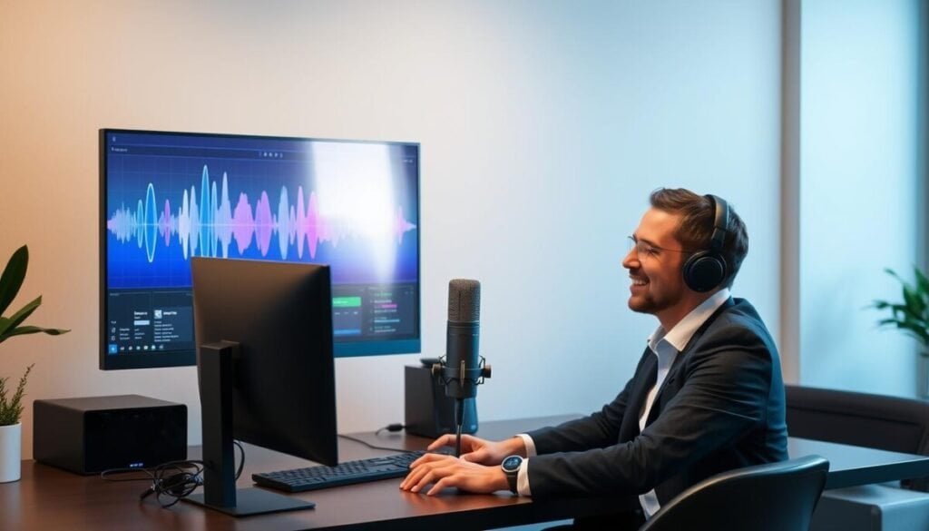 A sleek, modern desktop setup showcasing "Voice Conversation" technology. In the foreground, a high-tech computer monitor displays a vibrant interface with waveforms and visualizations representing voice interactions. A professional individual, dressed in smart casual attire, is seated in front of the computer, engaged in conversation, with a focused expression. The middle layer features a stylish microphone and headphones positioned on the desk, emphasizing the voice-enabled theme. In the background, soft ambient lighting casts a warm glow, enhancing the inviting atmosphere of a contemporary workspace. The entire scene is shot at a slight angle to create depth, with subtle reflections on the monitor screen, capturing the essence of a friendly and engaging interaction with technology.