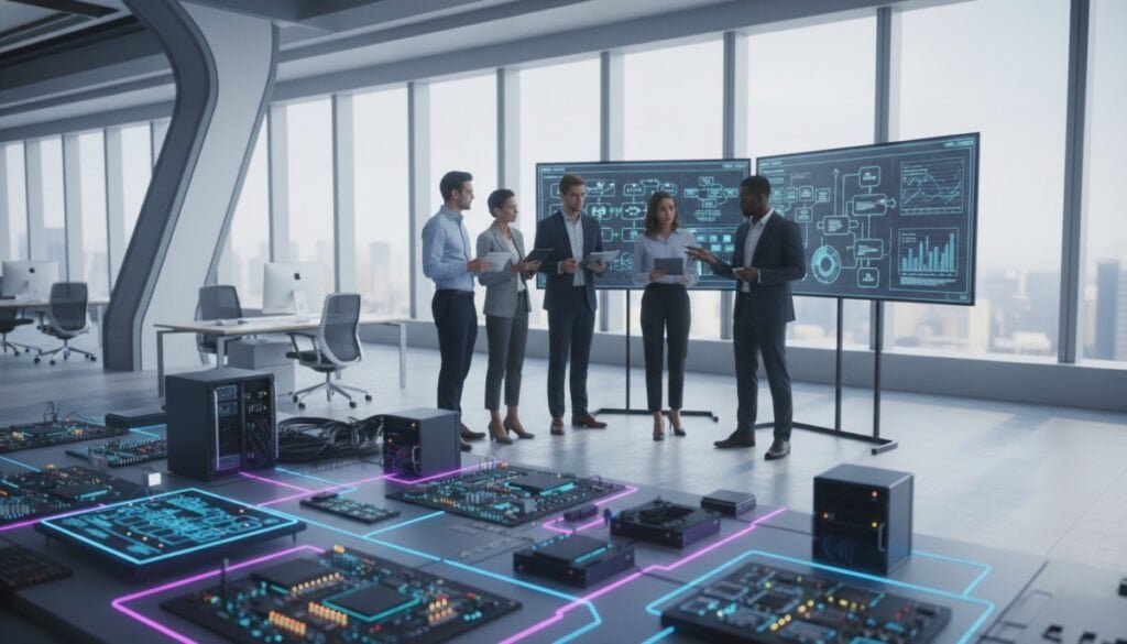 A sleek, modern digital workspace illustrating complex system configurations. In the foreground, organized clusters of colorful interconnected circuit boards and server racks symbolize intricate configurations. The middle layer features diverse professionals in business attire, collaborating over multiple screens displaying flowcharts and technical diagrams, emphasizing teamwork in streamlining IT procedures. The background showcases a futuristic office space with large windows letting in soft, diffused natural light, highlighting a serene, productive atmosphere. The camera angle is slightly elevated, offering a comprehensive view of the workspace. The overall mood is focused and efficient, capturing the essence of high-tech operations teams working seamlessly together to enhance their procedures. A sleek, modern digital workspace illustrating complex system configurations. In the foreground, organized clusters of colorful interconnected circuit boards and server racks symbolize intricate configurations. The middle layer features diverse professionals in business attire, collaborating over multiple screens displaying flowcharts and technical diagrams, emphasizing teamwork in streamlining IT procedures. The background showcases a futuristic office space with large windows letting in soft, diffused natural light, highlighting a serene, productive atmosphere. The camera angle is slightly elevated, offering a comprehensive view of the workspace. The overall mood is focused and efficient, capturing the essence of high-tech operations teams working seamlessly together to enhance their procedures.
