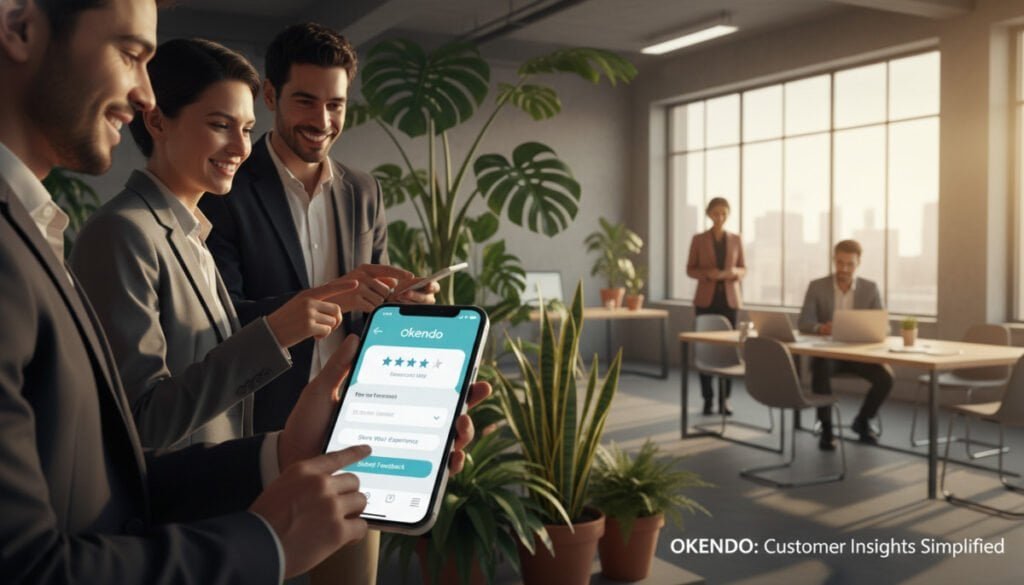 A sleek, modern mobile device displaying a user-friendly customer feedback interface on the screen, emphasizing a seamless mobile-first design. In the foreground, the mobile phone is held by a diverse group of professionals in smart casual attire, engaged in discussion and sharing feedback. The middle ground features lush indoor greenery, symbolizing a vibrant work environment. The background presents an office setting with large windows letting in warm, natural light, creating a collaborative atmosphere. Soft focus on the office decor adds depth. The scene conveys a mood of innovation and engagement, showcasing the power of Okendo for gathering customer insights effectively.