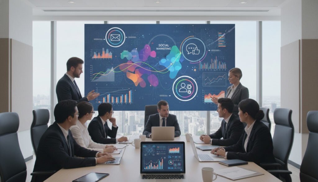 A sleek modern office environment featuring a diverse group of professionals in business attire collaborating over an interactive digital dashboard displaying web analytics data. The foreground includes a conference table with laptops and tablets showing graphs and metrics. In the middle, a large screen projects colorful visualizations of analytics, seamlessly integrating with marketing software icons like email, social media, and CRM systems. The background showcases large windows with a city skyline, allowing natural light to illuminate the scene. The mood is focused and dynamic, reflecting the energy of teamwork and innovation in digital marketing. A wide-angle view creates depth, emphasizing the collaborative atmosphere, ensuring a professional and engaging aesthetic. A sleek modern office environment featuring a diverse group of professionals in business attire collaborating over an interactive digital dashboard displaying web analytics data. The foreground includes a conference table with laptops and tablets showing graphs and metrics. In the middle, a large screen projects colorful visualizations of analytics, seamlessly integrating with marketing software icons like email, social media, and CRM systems. The background showcases large windows with a city skyline, allowing natural light to illuminate the scene. The mood is focused and dynamic, reflecting the energy of teamwork and innovation in digital marketing. A wide-angle view creates depth, emphasizing the collaborative atmosphere, ensuring a professional and engaging aesthetic.