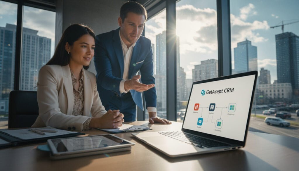 A sleek, modern office environment featuring a laptop open to the GetAccept CRM interface, displaying seamless integrations with various popular CRM platforms like Salesforce and HubSpot. In the foreground, a professional businessperson, dressed in smart attire, is engaged in a discussion with a colleague, pointing at the screen. In the middle ground, stacks of proposal documents and digital devices represent the efficiency of proposal automation. The background features glass walls showcasing a bustling cityscape, with natural light flooding in, creating an inviting and energetic atmosphere. The overall mood is one of collaboration and technological advancement, with a clear focus on productivity and innovation, captured from a slight low angle to emphasize the modern workspace.