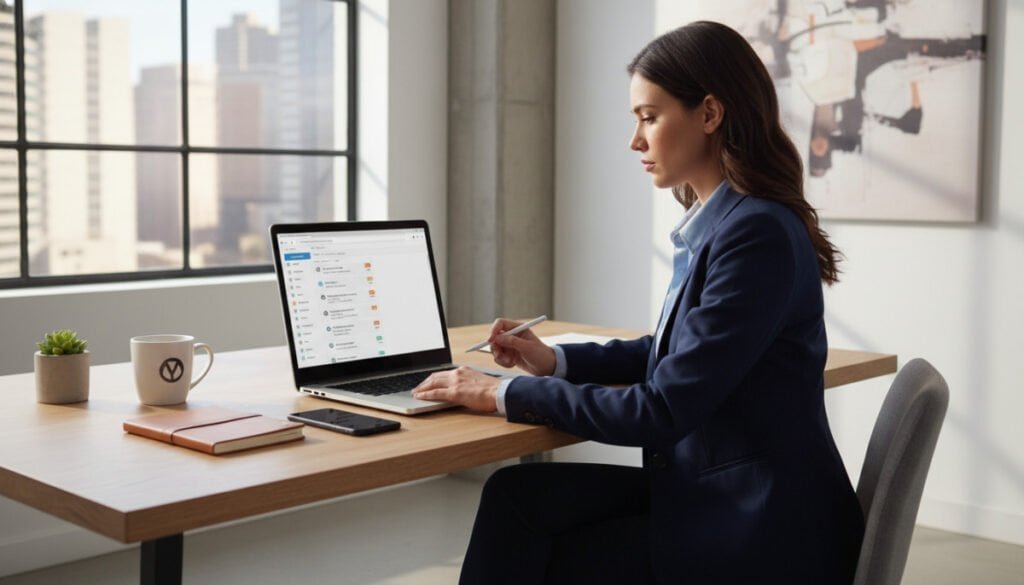 A sleek, modern office environment featuring a user-friendly enterprise email client interface displayed on a high-resolution laptop screen. In the foreground, a focused business professional in smart casual attire is engaging with the email client, showcasing an organized inbox with neatly categorized folders and priority messages. The middle ground includes a stylish desk with productivity tools like a notepad, coffee mug, and a phone, emphasizing a busy yet efficient workspace. The background features a large window with natural light streaming in, creating a bright and inviting atmosphere, underscored by a minimalistic, contemporary aesthetic. Soft shadows enhance the depth, giving a feeling of professionalism and clarity, perfect for illustrating enterprise-grade email management tools for teams.