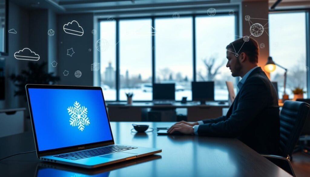 A sleek, modern office environment filled with technology. In the foreground, a laptop with a glowing Snowflake icon displayed on the screen, symbolizing a Snowflake account. On the desk, a professional-looking person in business attire, focused, typing on the laptop. The middle ground features a large window showing a snowy landscape outside, casting soft natural light into the room. In the background, abstract visualizations of data, cloud structures, and interconnected systems float subtly, representing cloud computing and data analytics. The atmosphere is calm and professional, conveying a sense of productivity and innovation, with warm lighting enhancing the workspace's inviting feel. No text or logos present.